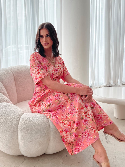 Tivona Peach Blossom Dress | Women's Floral Midi Dress