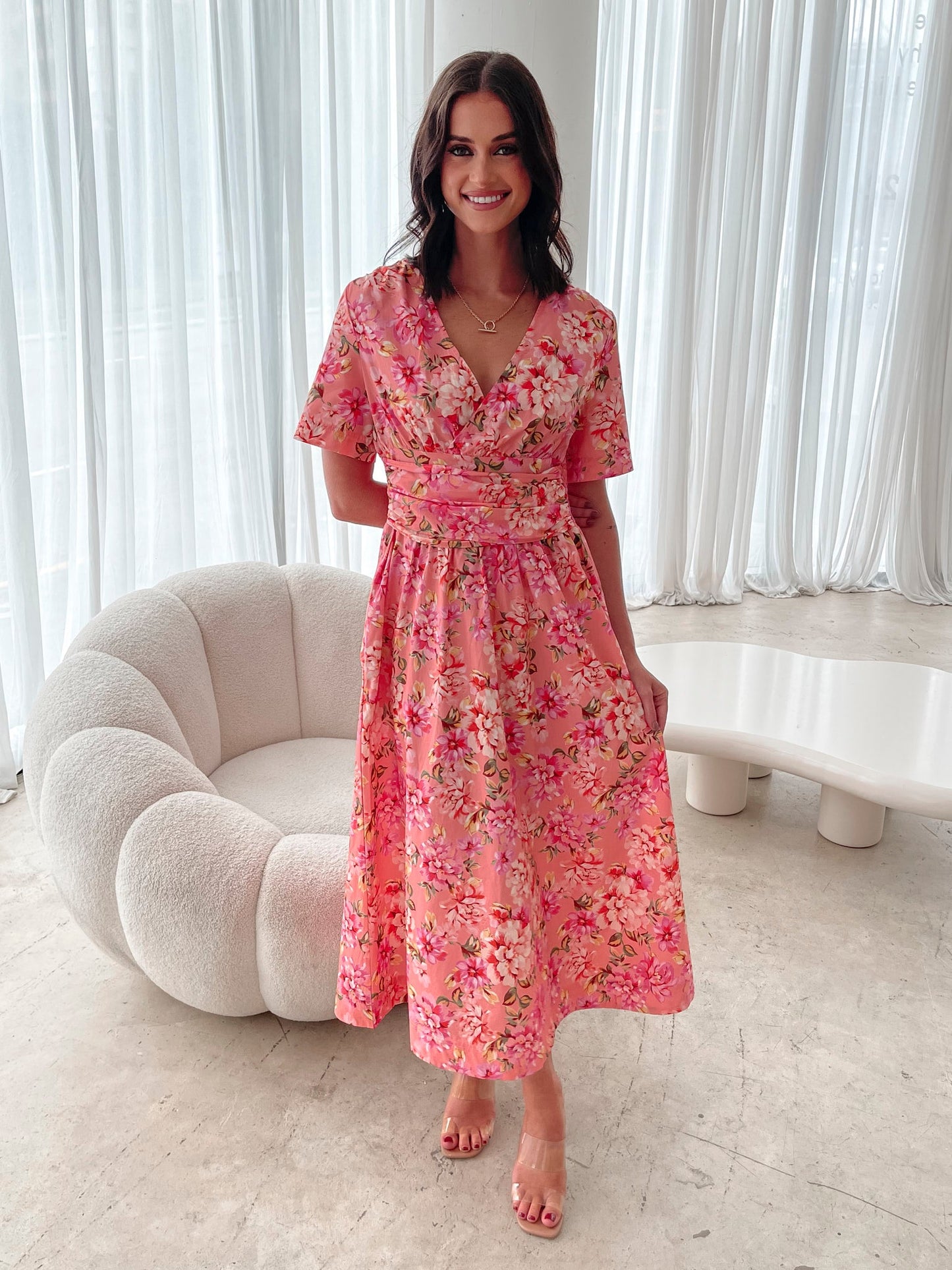 Tivona Peach Blossom Dress | Women's Floral Midi Dress
