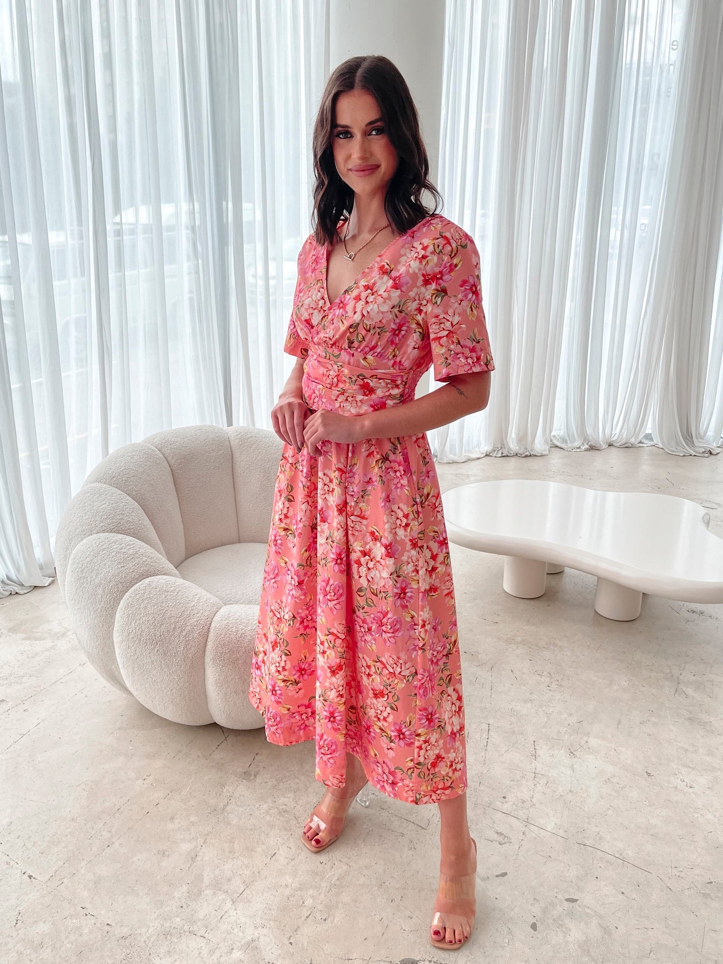 Tivona Peach Blossom Dress | Women's Floral Midi Dress