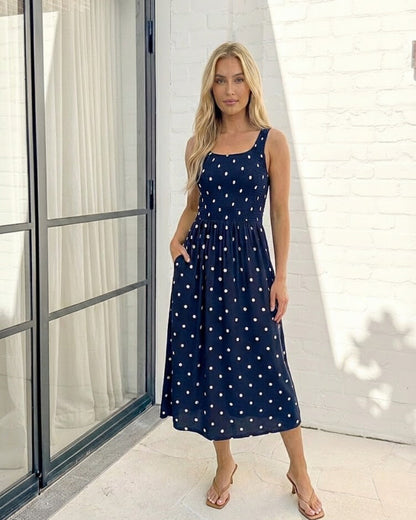 Torrance Dress Navy Spot | Women's Polka Dot Shirred Midi Dress