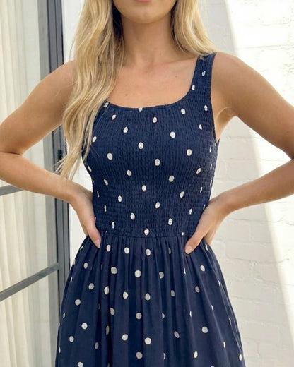 Torrance Dress Navy Spot | Women's Polka Dot Shirred Midi Dress