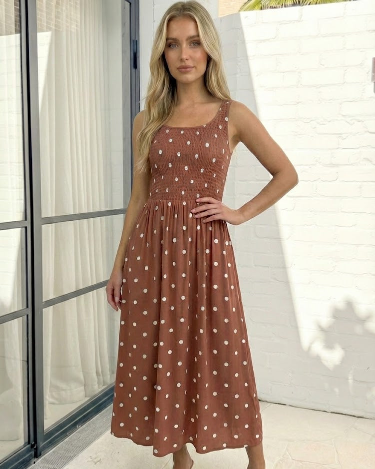 Torrance Rust Spot Dress | Women's Polka Dot Midi Dress