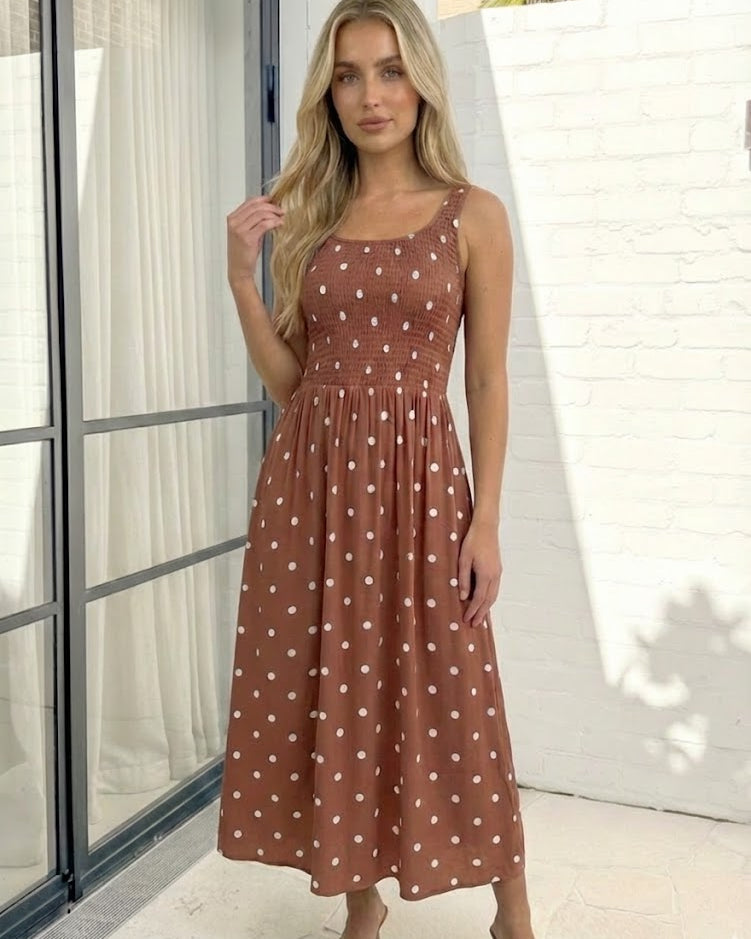 Torrance Rust Spot Dress | Women's Polka Dot Midi Dress