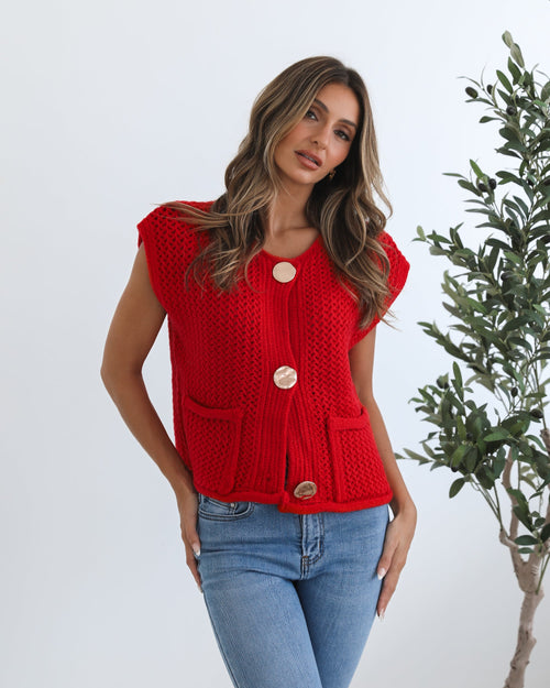 Vasha Red Knit Top | Women's Sleeveless Button Knit Top