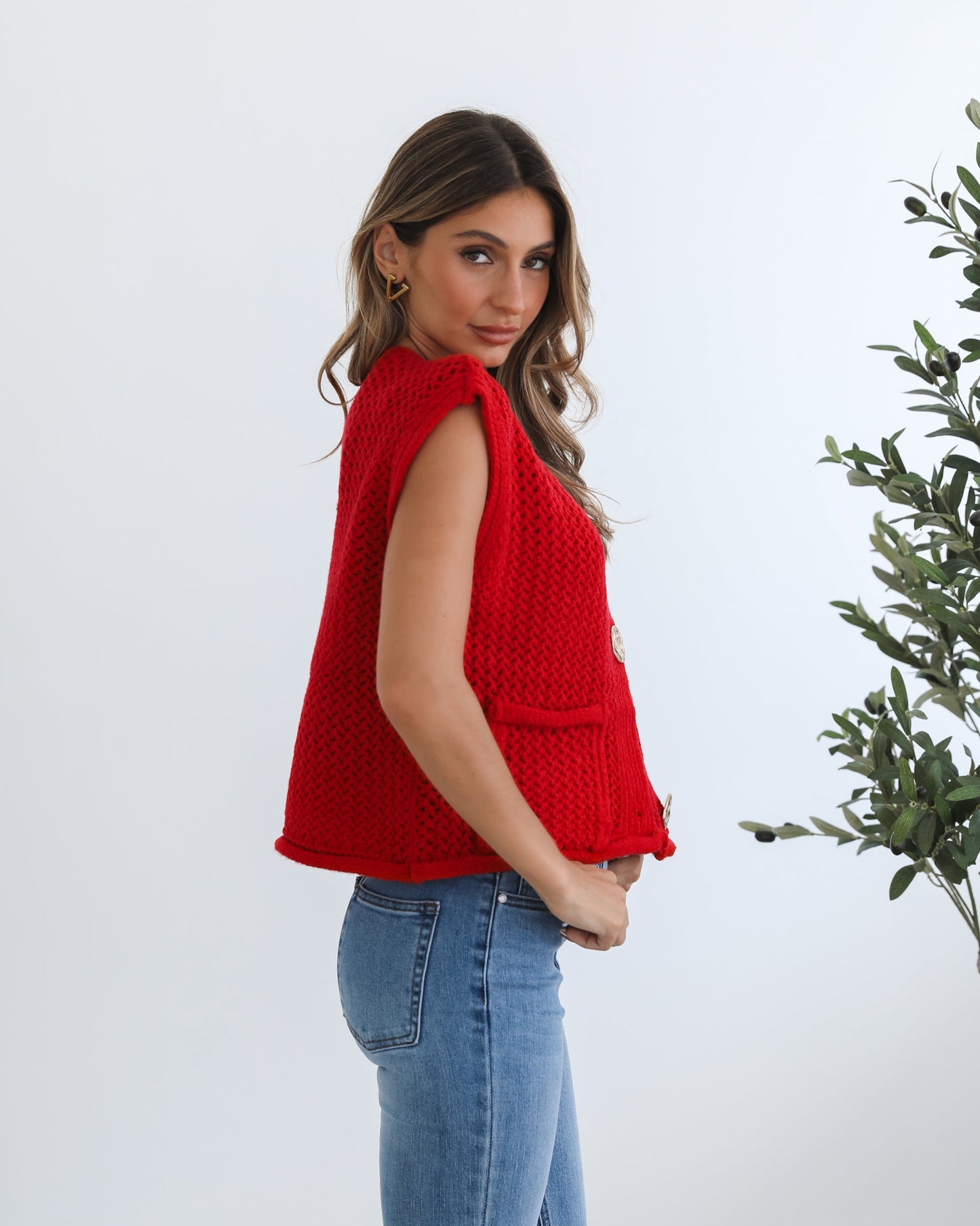 Vasha Red Knit Top | Women's Sleeveless Button Knit Top