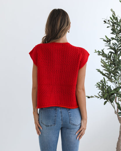 Vasha Red Knit Top | Women's Sleeveless Button Knit Top