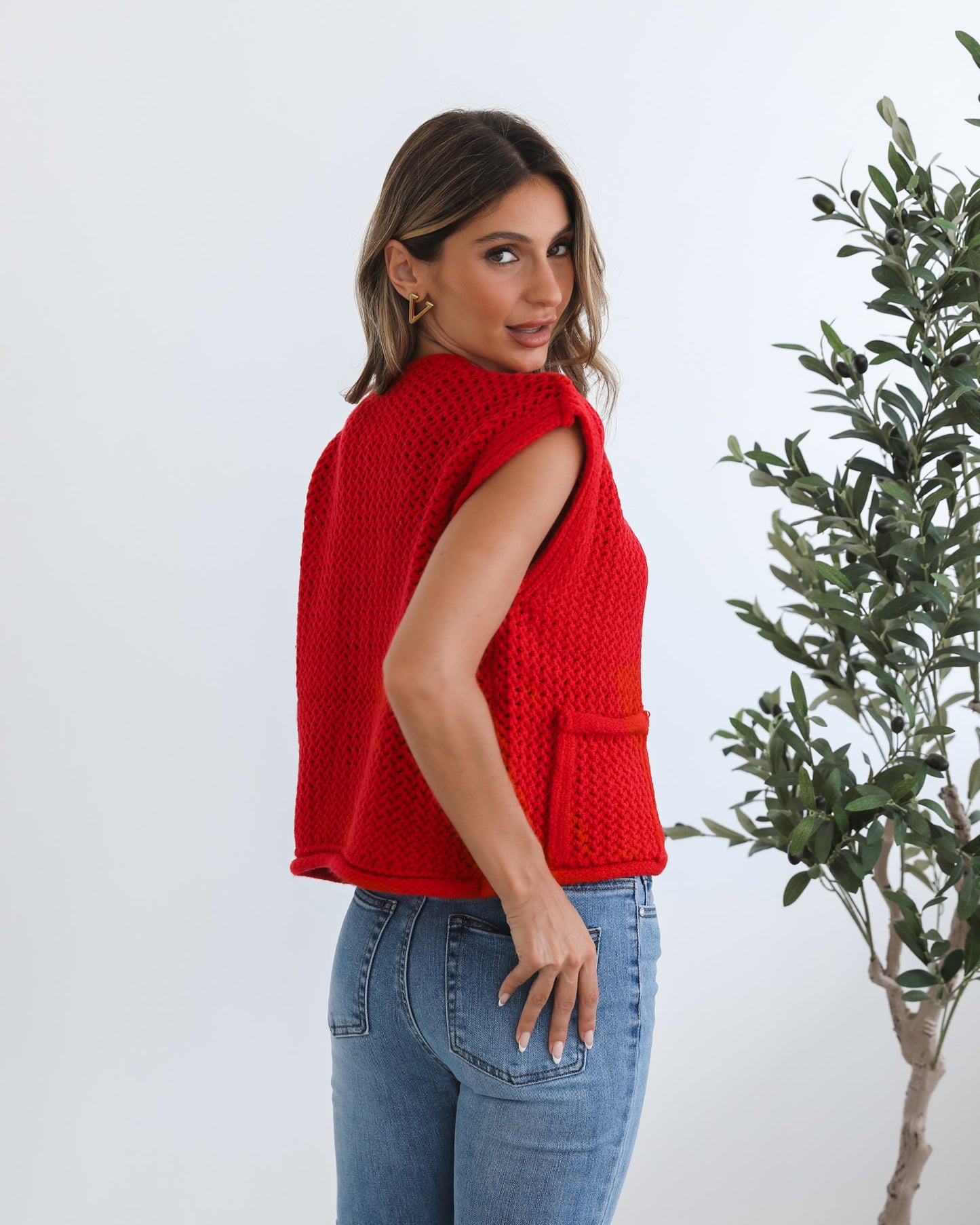 Vasha Red Knit Top | Women's Sleeveless Button Knit Top