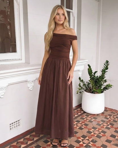 Vixen Dress Brown | Women's One Shoulder Ruched Maxi Dress