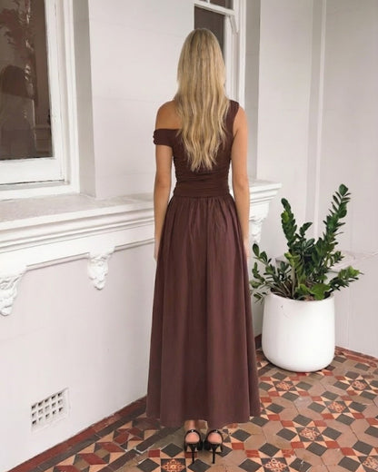Vixen Dress Brown | Women's One Shoulder Ruched Maxi Dress
