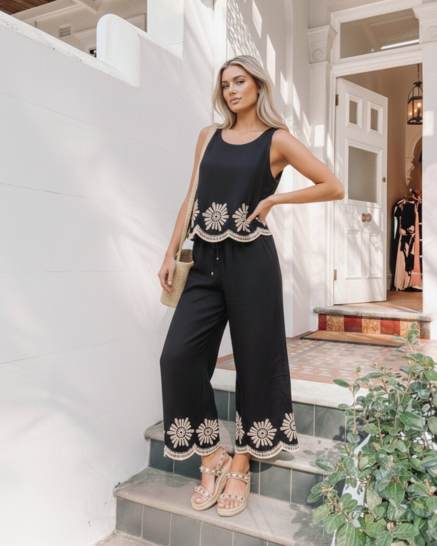Vixie Black Print Pants | Women's Wide Leg Pants