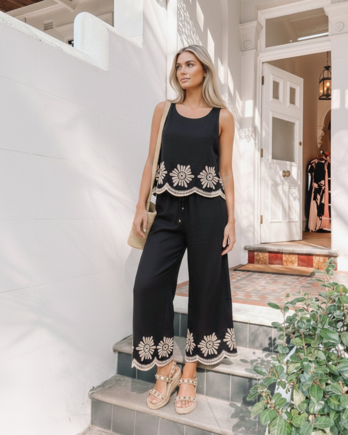 Vixie Black Print Pants | Women's Wide Leg Pants