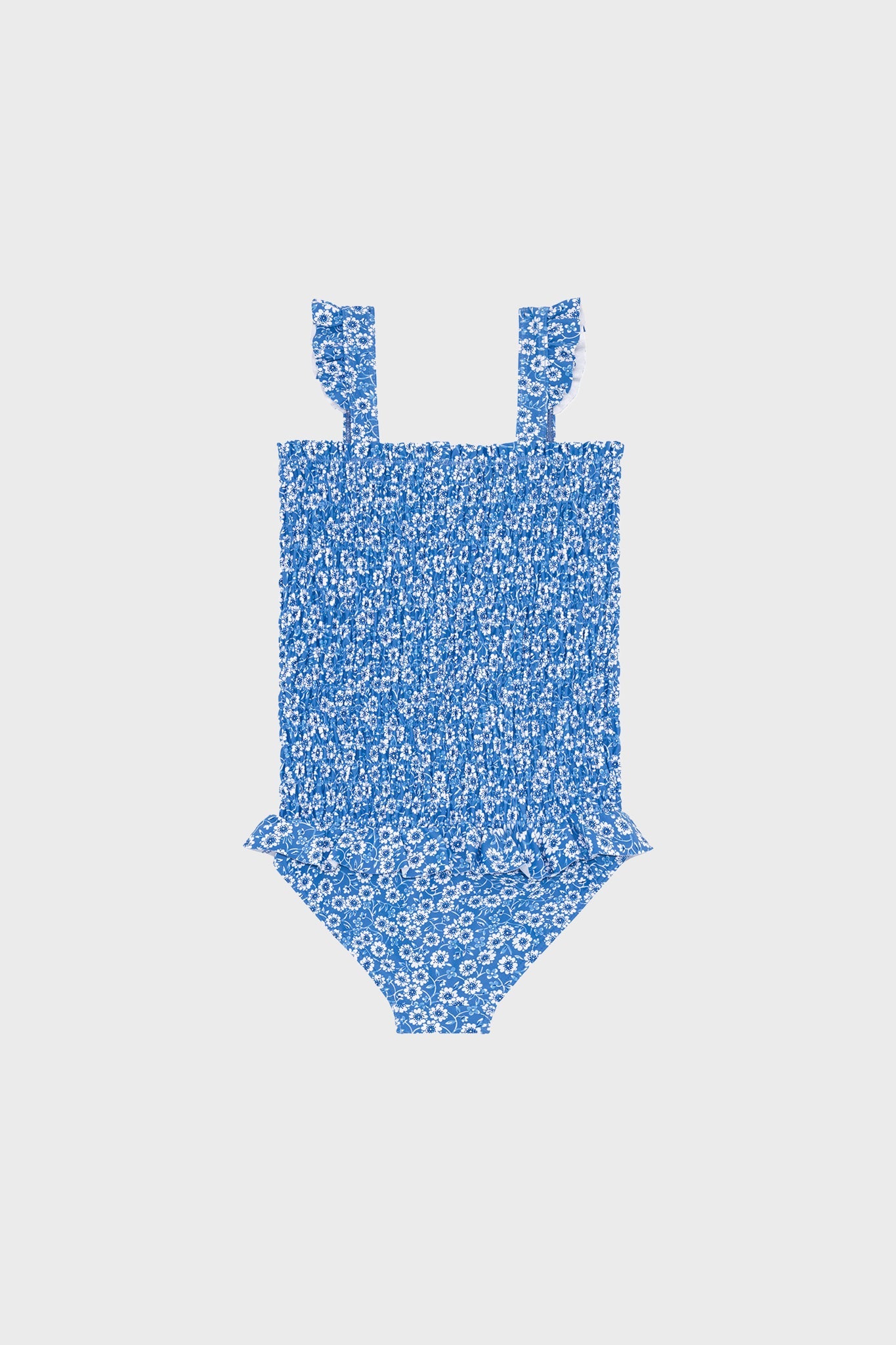 Blue Floral Smocked One Piece with Ruffle Skirt