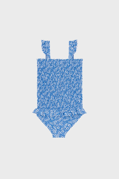 Blue Floral Smocked One Piece with Ruffle Skirt