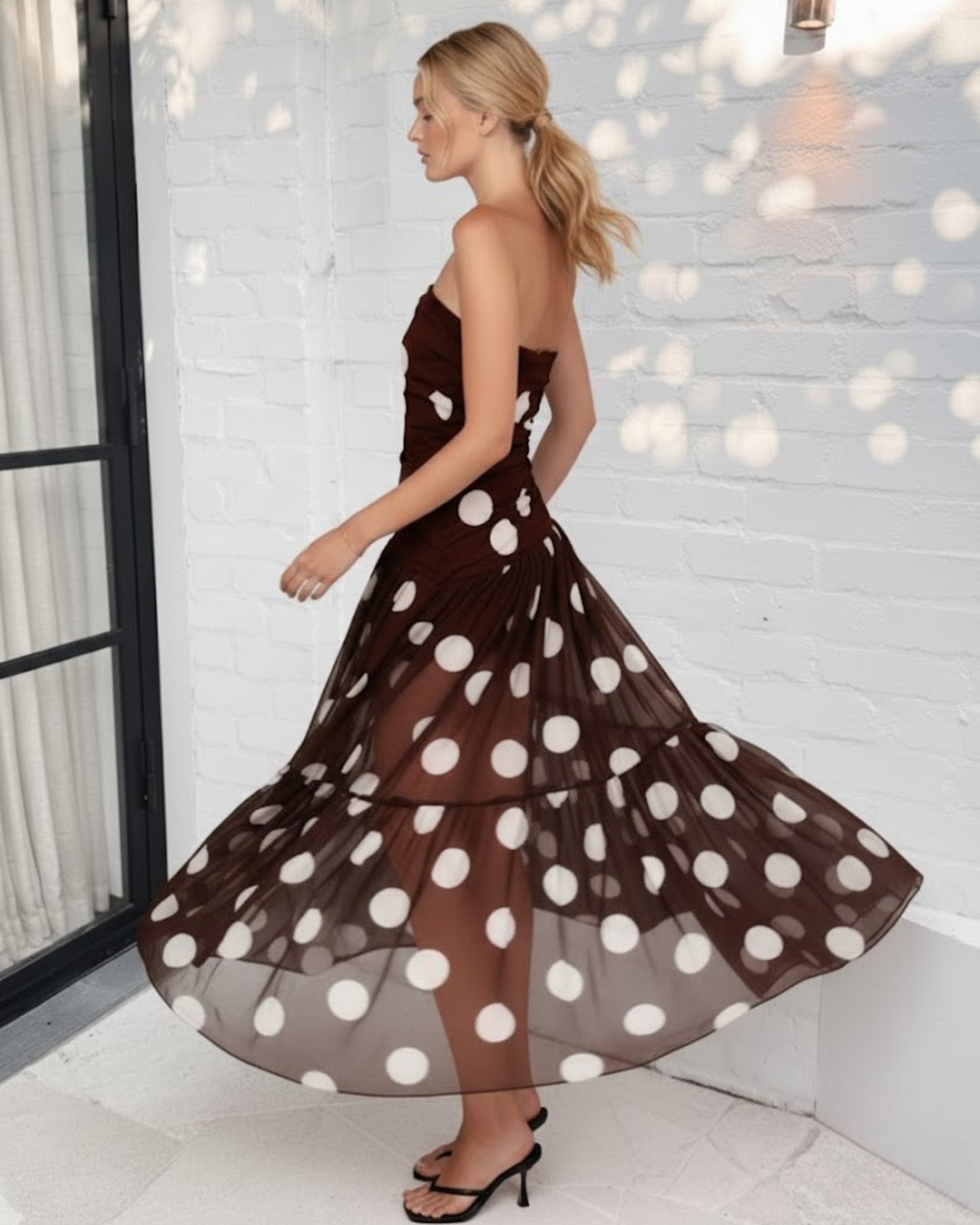 Zamara Brown Spot Dress | Women's Strapless Maxi Dress