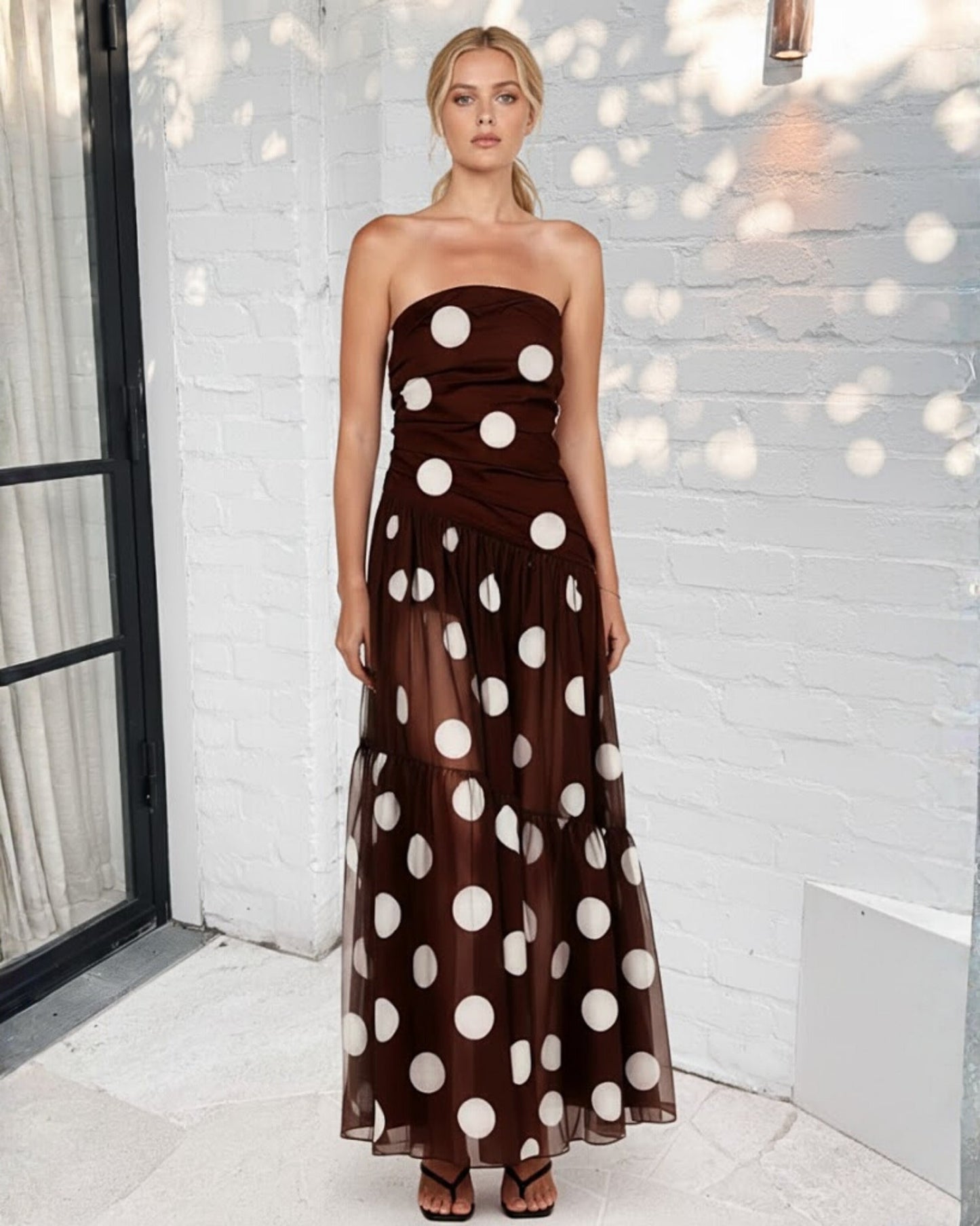Zamara Brown Spot Dress | Women's Strapless Maxi Dress