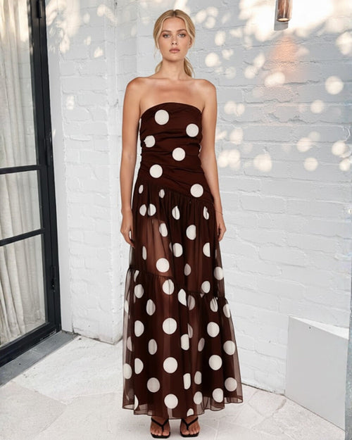 Zamara Brown Spot Dress | Women's Strapless Maxi Dress