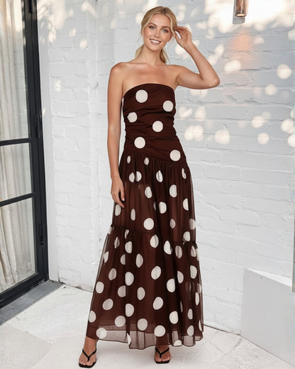 Zamara Brown Spot Dress | Women's Strapless Maxi Dress