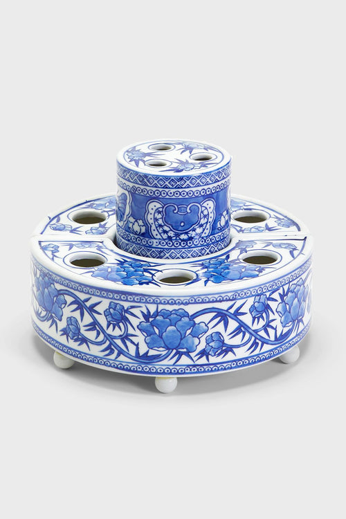 Blue and White 3 Piece Hand-Painted Floral Arranger
