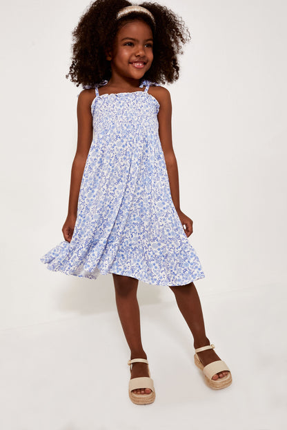 Blue Calico Floral Tie Strap Smocked Sundress