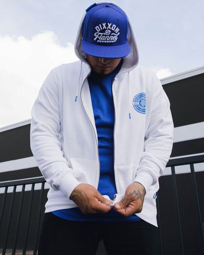 Blue Work Hard Badge Zip Up Hoodie - White