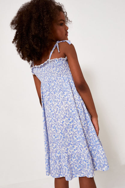 Blue Calico Floral Tie Strap Smocked Sundress
