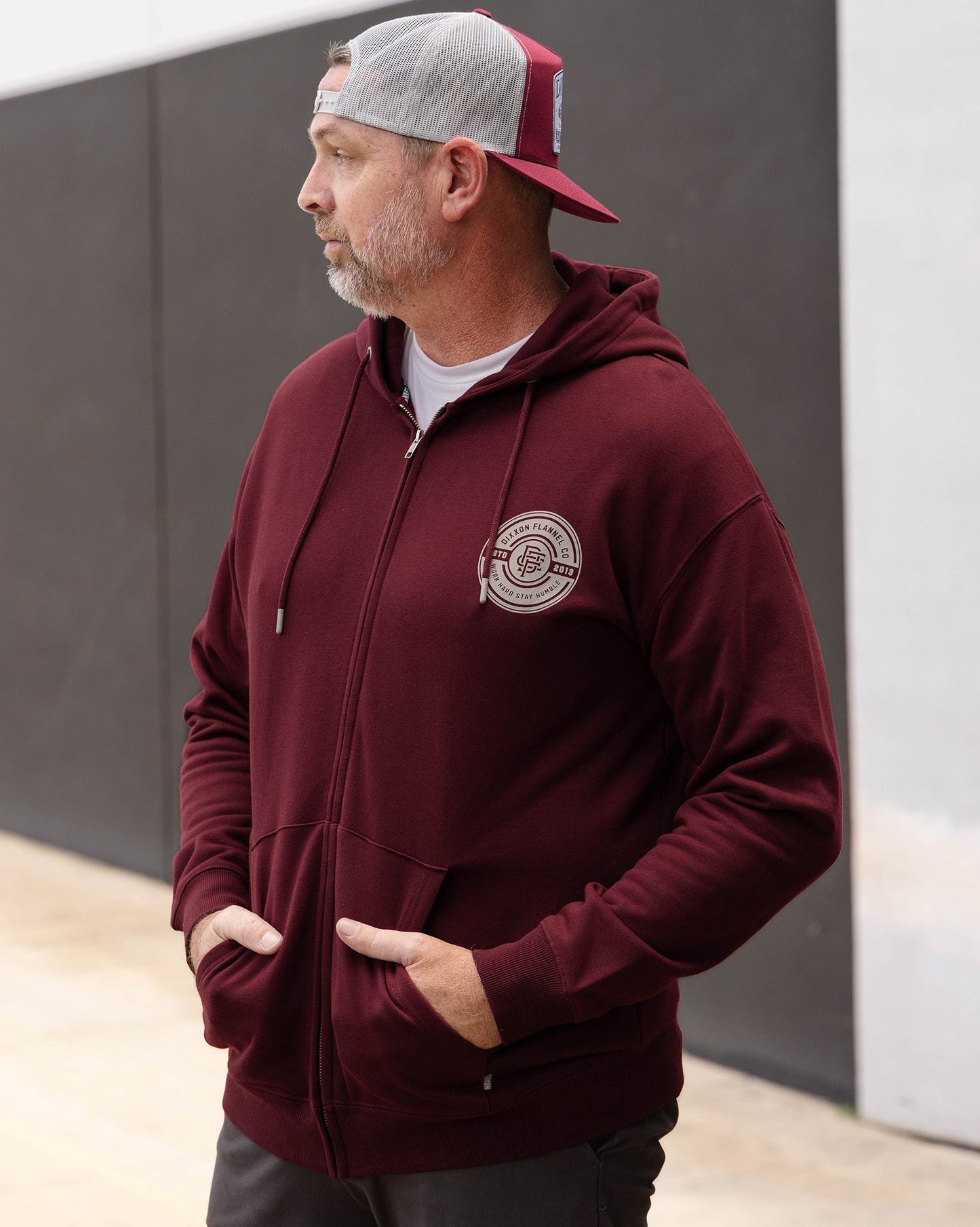 Gray Work Hard Badge Zip Up - Maroon