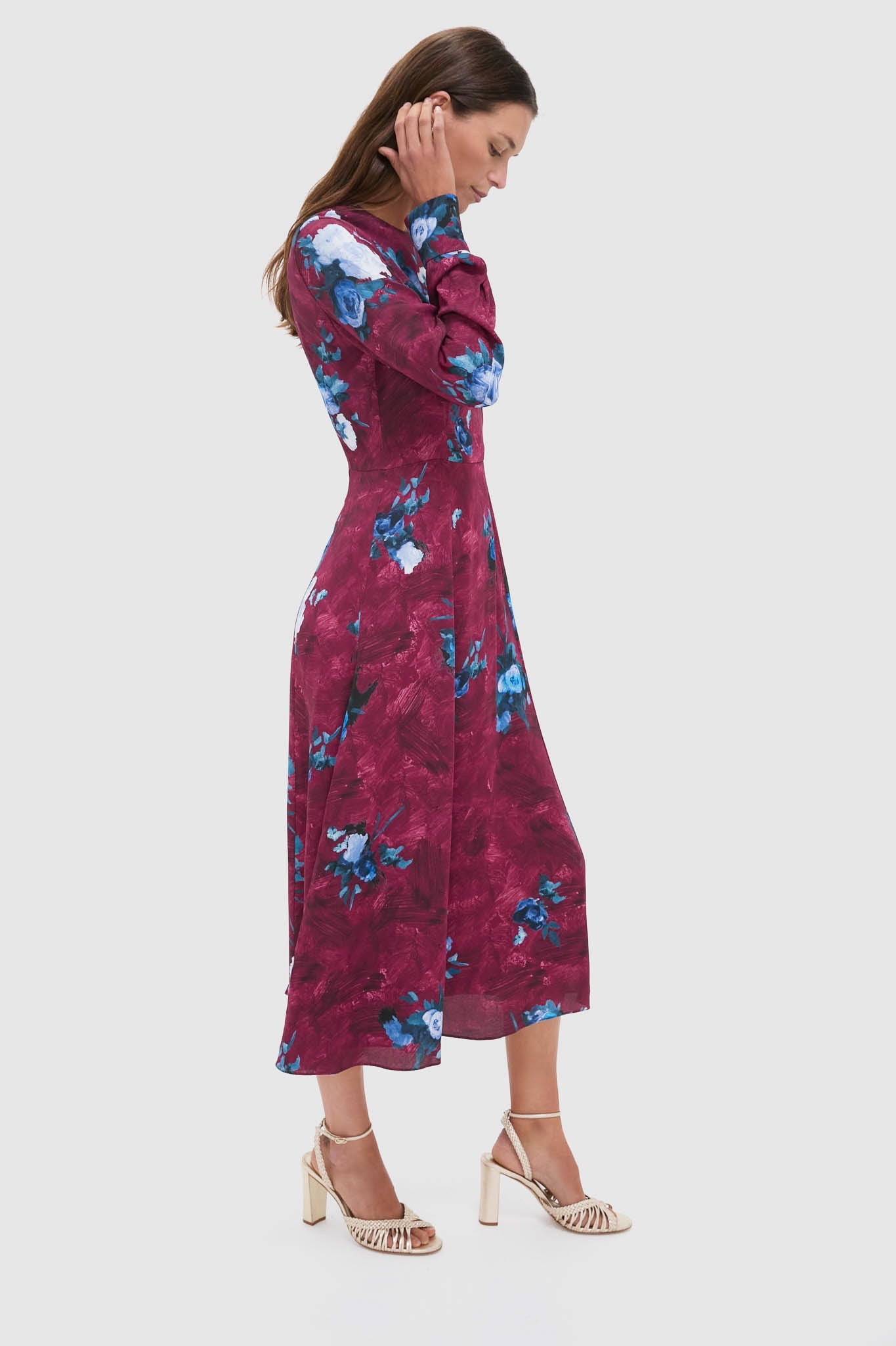 Abstract Rose Milberry Red Long Sleeve Midi Dress