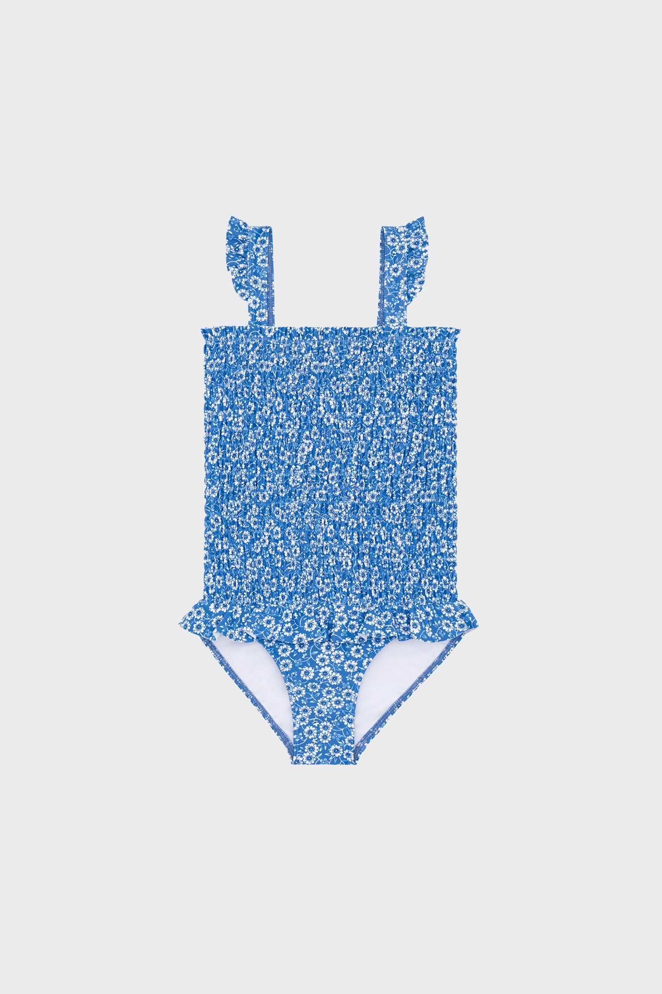 Blue Floral Smocked One Piece with Ruffle Skirt