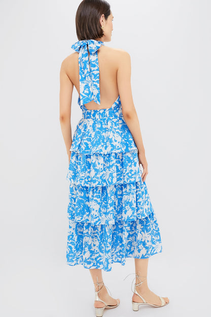 Blue & White Floral Halter Neck Jenny Midi Dress