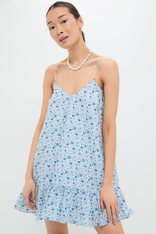 Blue & White Ditsy Floral Bayberry Mini Dress