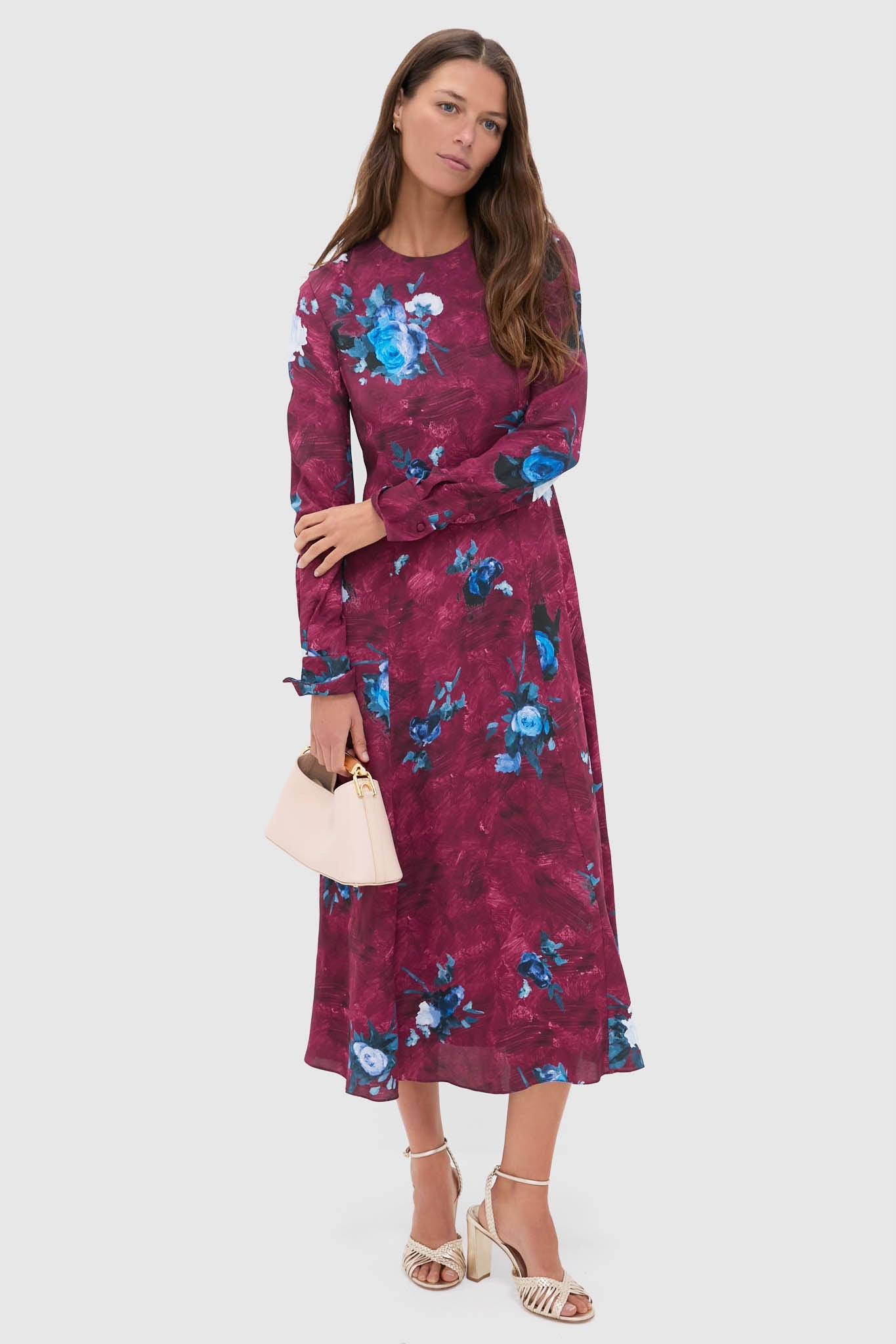 Abstract Rose Milberry Red Long Sleeve Midi Dress