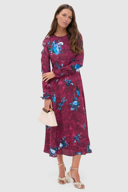Abstract Rose Milberry Red Long Sleeve Midi Dress